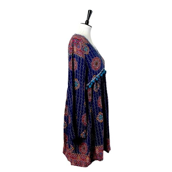 Artistic Works by Lu Boho Swing Dress V-neck Fringe Blue Multi Women’s Size XL - Picture 3 of 11